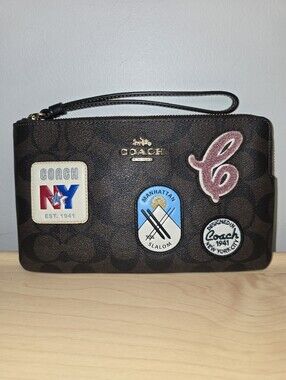 COACH CF457 Large Corner Zip Wristlet Signature Coated Canvas With Patches